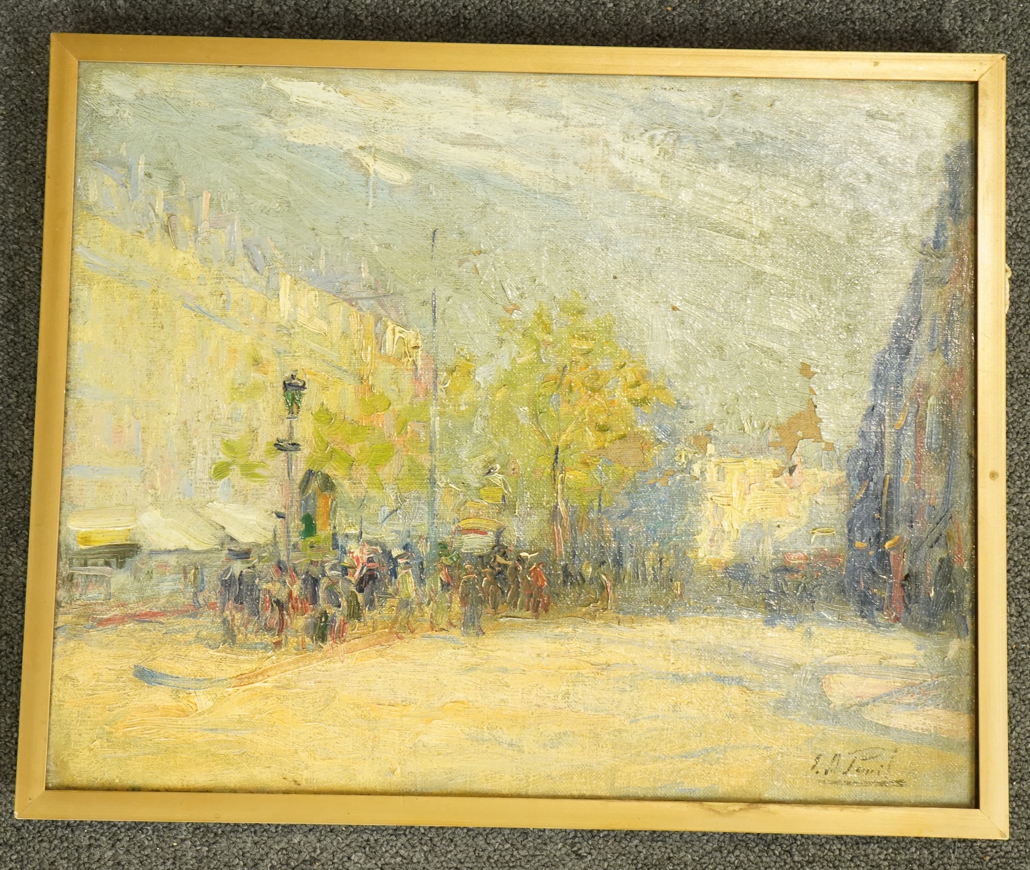 Elie-Anatole Pavil (French, 1873-1948), Street scene with procession, oil on canvas, 33 x 41cm